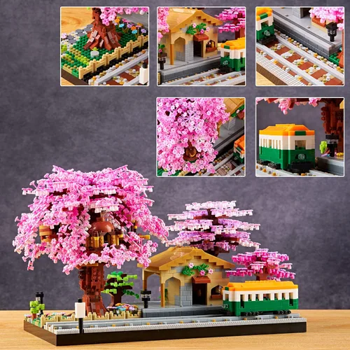 Vista 2 de Juego de bloques de construcción de micro bloques de construcción japoneses de cerezo en flor para adultos, modelo de mini ladrillos, casa