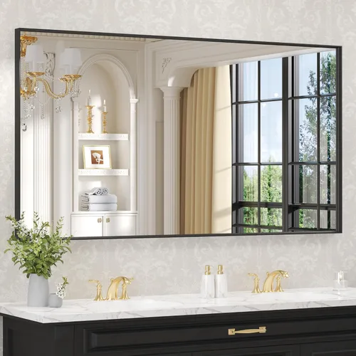 Vista 20 de LOAAO Espejo de Baño de Pared Rectangular Negro de 20"X30", Marco de Aleación de Aluminio Negro Mate, Vidrio Templado, se Cuelga Vertical u