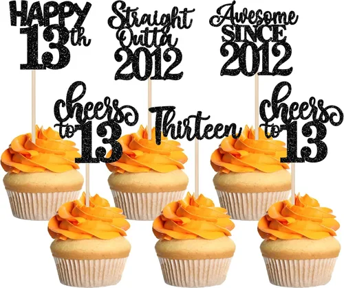 Vista 12 de Paquete de 30 adornos para cupcakes de 10º cumpleaños con purpurina recta hacia fuera de 2016, Happy 10th Ten Awesome Since 2016, 10 fabulosas Negro
