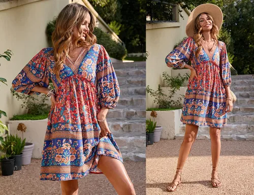 Vista 6 de BTFBM - Vestidos casuales de primavera y verano para mujer, cuello en V, manga larga 34, con volantes, floral, estilo bohemio, mini vestido de playa