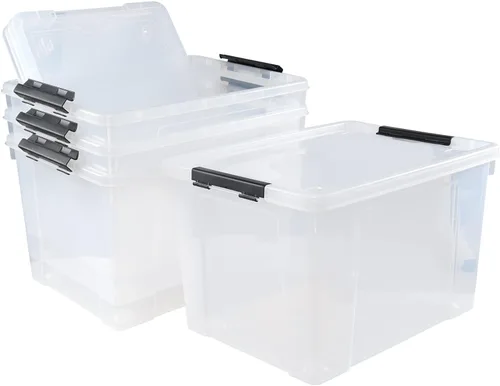 Vista 8 de Paquete de 4 cajas de almacenamiento de plástico transparente de 22 L con ruedas, pestillo de almacenamiento con tapa