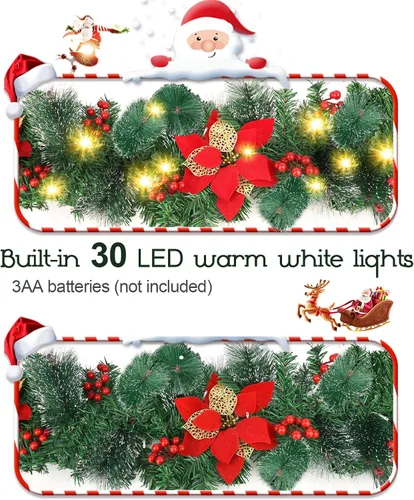 Vista 13 de Guirnalda de Navidad, guirnalda de Navidad con luces, decoración de Navidad, flores artificiales de ratán de 9 pies, decoración de Navidad