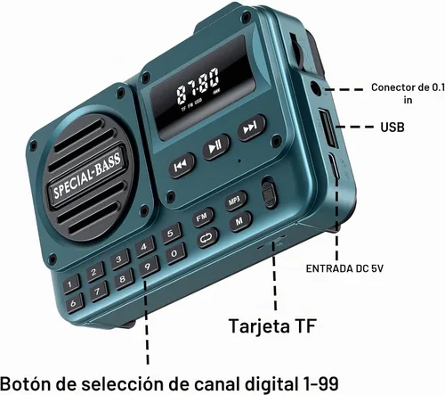 Vista 6 de Radio de bolsillo FM con carga USB-C de 2000mAh recargable, excelente recepción, altavoz claro y conector para auriculares, pantalla LCD, radio FM