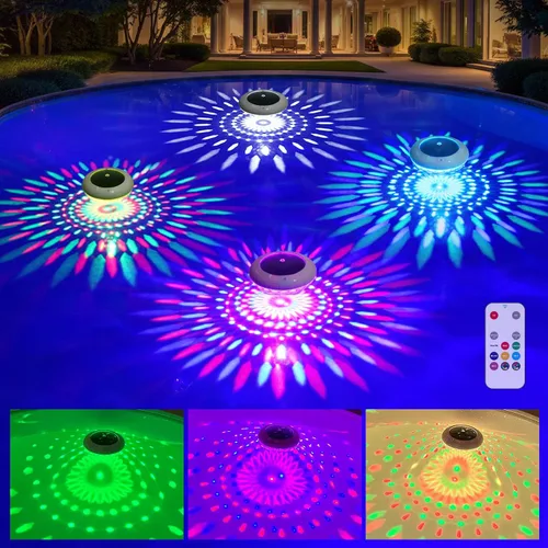 Vista 9 de Luces flotantes para piscina con control remoto, luces solares RGB de 6.5 pulgadas con 9 iluminación dinámica, IP68 impermeable, luz flotante solar