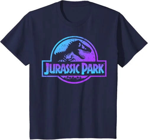 Vista 88 de Jurassic Park Camiseta de manga corta con logotipo Fossil azul y morado Negro