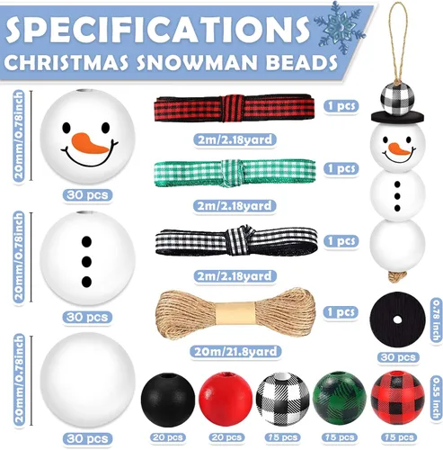 Vista 2 de 205 piezas de cuentas de madera para muñeco de nieve de Navidad para proyectos de manualidades, cuentas de madera natural pulida con cordón, adornos