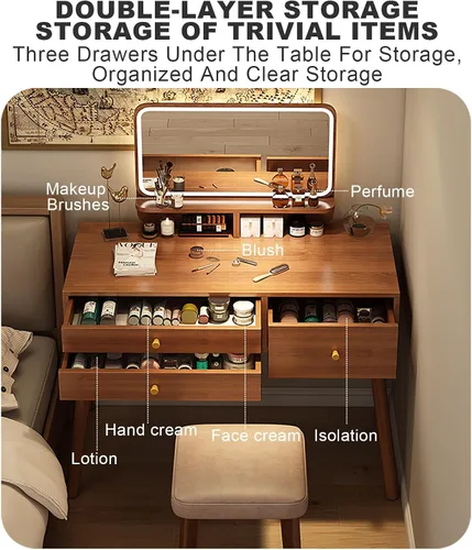 Vista 3 de Tocador con espejo de luces, escritorio de maquillaje de madera con taburete acolchado, moderno escritorio de tocador para dormitorio con taburete