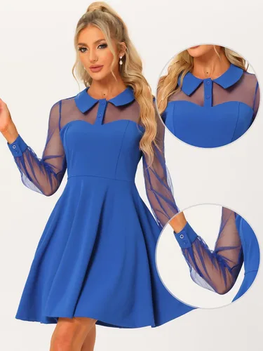 Vista 2 de Allegra K Vestido de fiesta de cóctel para mujer, con panel de malla transparente, manga larga, minivestido acampanado