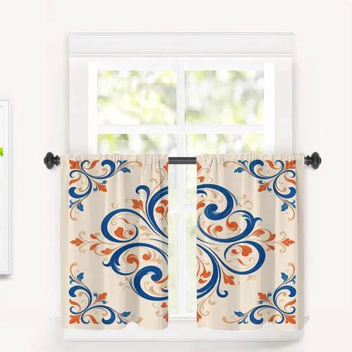Vista 106 de Cortinas de cocina de hojas de arce otoñales para ventanas, hojas verdes y rojas sobre cenefas opacas negras, tratamientos de ventana de poliéster