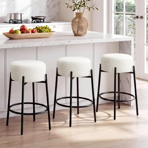Vista 12 de Juego de 2 taburetes de bar modernos de altura de mostrador, taburetes de bar giratorios negros Boucle para isla de cocina, cómodas sillas tapizadas