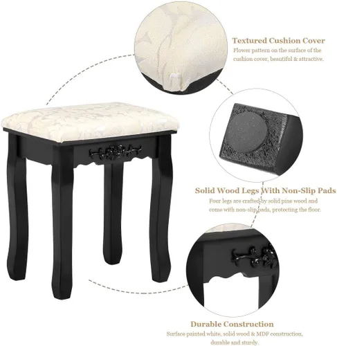 Vista 5 de Taburete de tocador, asiento acolchado suave, bonitos patrones y tallado delicado, negro, blanco