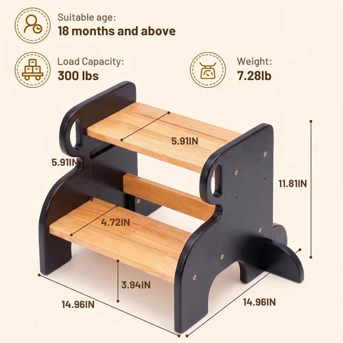 Vista 2 de COSYLAND Taburete de madera de 2 escalones para niños, baño y cocina Negro y natural