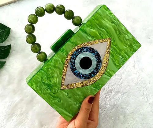 Vista 6 de Evil Eye Clutch Purse Acrylic Clutch Marble Evening Handbag for Women with Pearl Handle