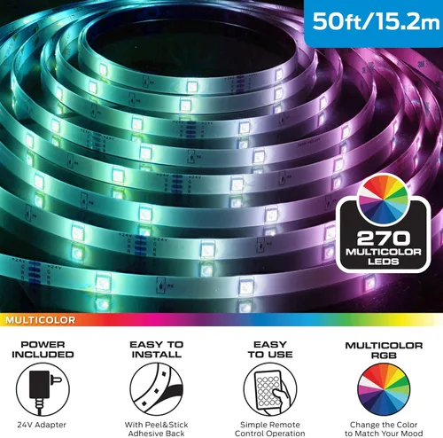Vista 2 de Monster Tira de luz LED RGB de 50 pies con control remoto, 270 LED RGB, respaldo adhesivo, recubierto para protección contra la humedad, regulable
