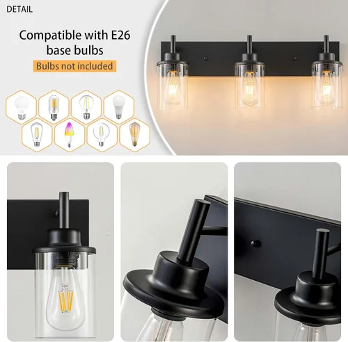 Vista 5 de GoYeel Accesorios de iluminación de tocador, aplique de pared negro mate de 3 luces negras con pantalla de vidrio transparente para dormitorio