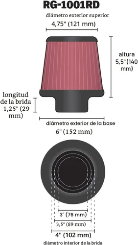 Vista 2 de K&N RG-1001RD pinzas de filtro de aire universal: cónico redondo; ID de brida 3 pulgadas/3.5 pulgadas/4 pulgadas (102 mm/89 mm/76 mm); 5.5 pulgadas
