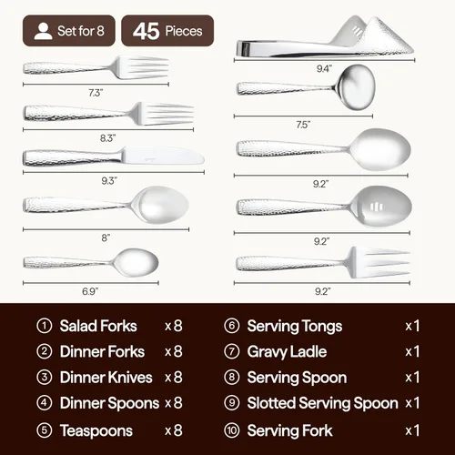 Vista 4 de Luciella Ponza - Juego de cubiertos de 45 piezas de acero inoxidable con utensilios para servir para 8 personas, diseño martillado atemporal