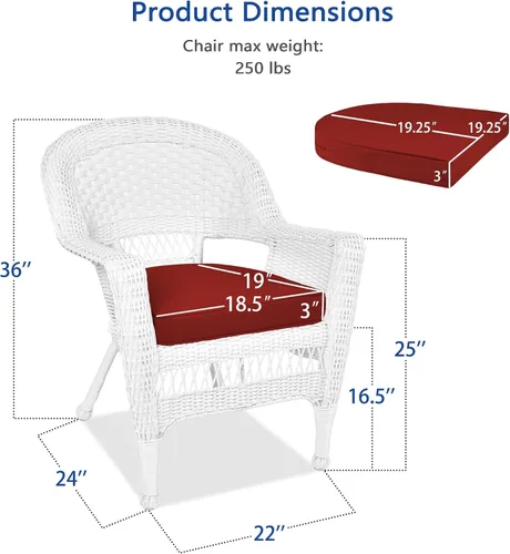 Vista 3 de Jeco Silla de mimbre con cojín rojo, juego de 2, blanco/W00206- Blanco/Rojo Ladrillo