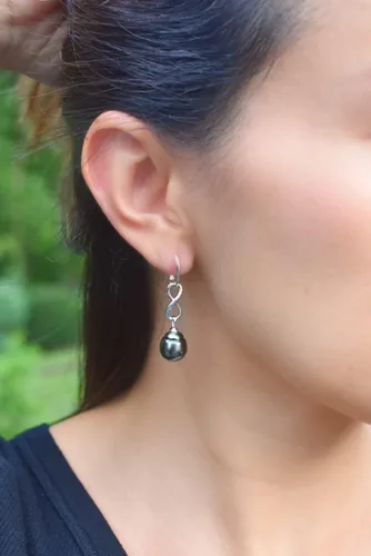Vista 4 de Pendientes colgantes de plata esterlina de 0.394-0.413 in con perlas cultivadas de Tahití negras, Perla