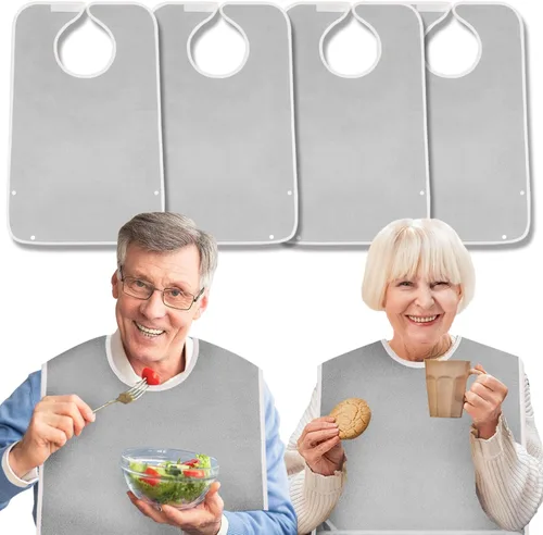 Vista 7 de Paquete de 4 baberos de tela de rizo para adultos con atrapamigajas, baberos para adultos lavables y ajustables, unisex, para hombres, mujeres