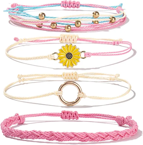 Vista 13 de Pulsera de cuerda trenzada hecha a mano con diseño de girasol para adolescentes y mujeres Beige