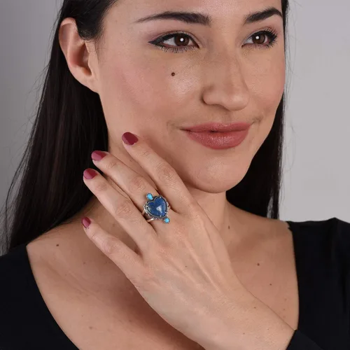 Vista 2 de American West - Anillo de plata de ley con diseño de lapislázuli, turquesa y corazón de concha, tallas 5 a 10