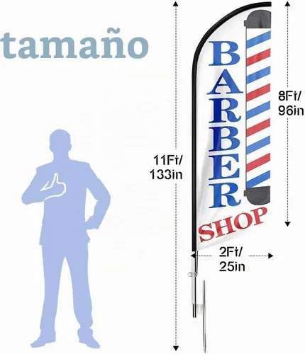 Vista 2 de Bandera de barbería, banderas de barbería con kit de poste, bandera de barbería con poste para empresas, letrero de bandera de plumas de swooper