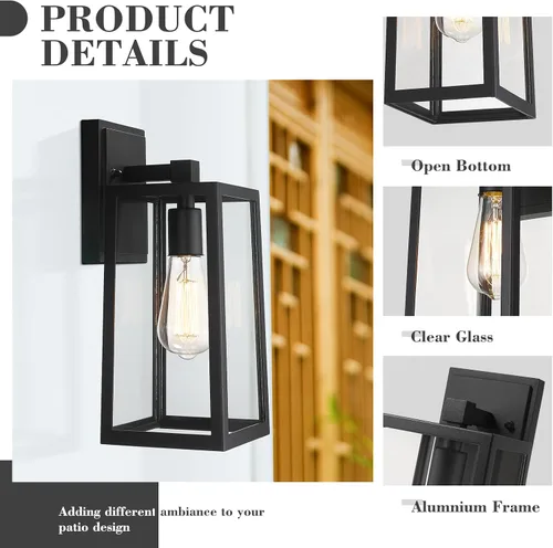 Vista 4 de Emliviar WE212B BK - Farol de pared para exteriores, 13.8 pulgadas, 1 luz exterior para porche en acabado negro con vidrio transparente, WE212B BK