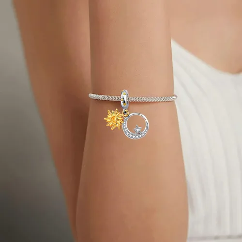 Vista 6 de Amuleto celestial de oro con forma de estrella y luna para pulsera Pandora, Metal, Base
