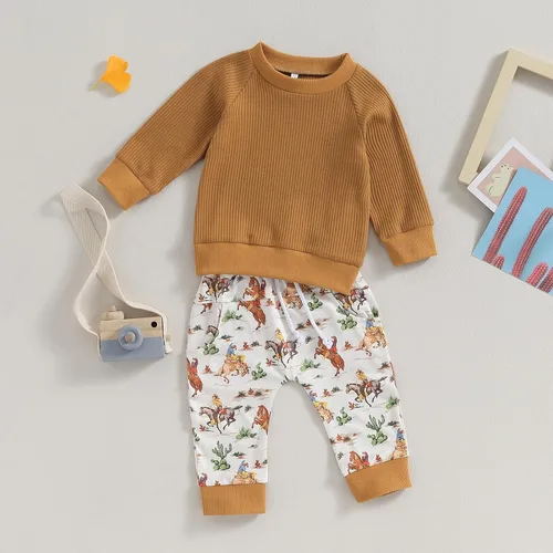 Vista 3 de Molioaky Ropa occidental para bebé recién nacido, sudadera con estampado de vaca, sudadera y pantalones deportivos, conjunto de ropa para otoño e