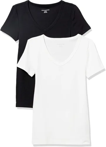 Vista 14 de Amazon Essentials Camiseta ajustada de manga corta con cuello en V para mujer, paquete de 2 Negro