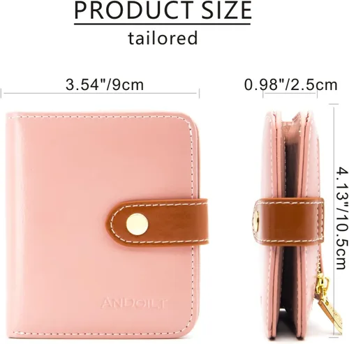 Vista 4 de Billeteras pequeñas para mujer, compactas y plegables, con bloqueo RFID, de piel auténtica, mini monedero con ventana de identificación y bolsillo