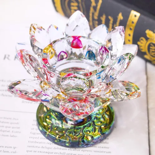 Vista 2 de H&D HYALINE & DORA Portavelas de loto de cristal multicolor (11.4 cm - Multi) K9 - Portavelas de loto de cristal para decoración del hogar, centro