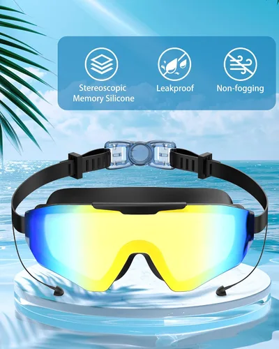 Vista 3 de Gafas de natación con tapones para los oídos, gafas de natación antivaho y anti UV de visión amplia, lentes UV de 3 colores para hombres, mujeres
