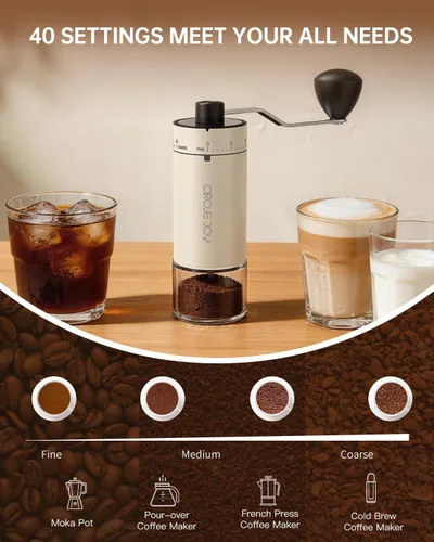 Vista 3 de CIRCLE JOY Mini molinillo de café manual con 40 ajustes externos ajustables y rebabas cónicas de cerámica, molinillo de café portátil de acero