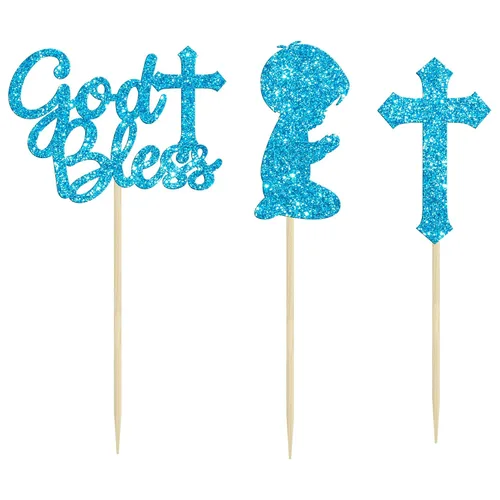 Vista 3 de Gyufise 24 piezas de decoración de cupcakes con purpurina azul que Dios bendiga y cruz, decoración de pastel para baby shower, bautismo, fiesta