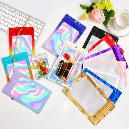 Vista 6 de Paquete de 100 bolsas de Mylar con ventana transparente, bolsas de almacenamiento de alimentos, a prueba de olores, embalaje de mano resistente a