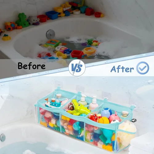 Vista 4 de Extra Large Bath Toy Organizer with 3 Compartments and Multiple Pockets, Quick-Dry Mesh Bathtub Storage for Kids' Toys (Blue)