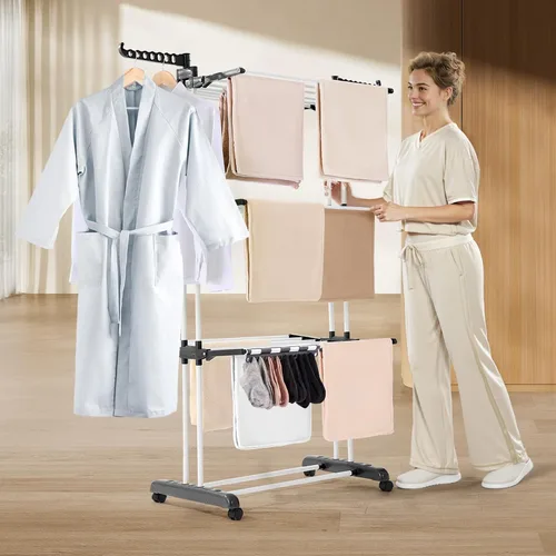 Vista 8 de VEVOR Estante de secado de ropa, estante plegable para secadora de ropa de 4 niveles, estantes de secado de metal con 24 varillas de secado, percha