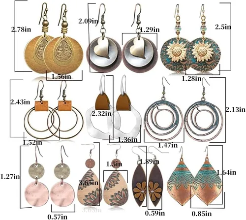 Vista 3 de 10 pares de aretes colgantes vintage para mujer, juego de joyas bohemias, diseño geométrico de girasol, aretes de lágrima, regalos de Navidad