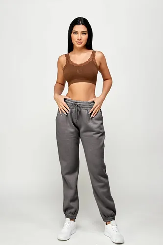 Vista 4 de IUUI Pantalones deportivos para mujer, cintura alta apilada, forro polar, con bolsillos, pantalones de descanso para yoga, entrenamiento, correr