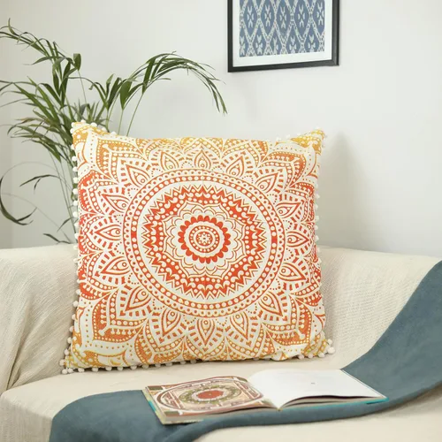 Vista 7 de Funda de cojín de piso de algodón. 26 pulgadas, con encaje de borlas decorativo y diseño de mandala. Patrón 1