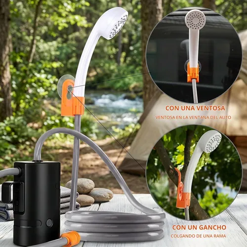 Vista 9 de Ducha portátil para campamento, 4400 mAh, recargable por USB, IPX7, impermeable, bomba de ducha con batería + cubo plegable para campamento Negro