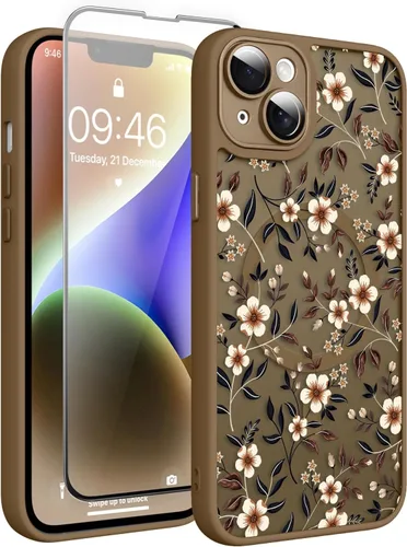 Vista 22 de Magnético para iPhone 13 con protector de pantalla [Compatible con MagSafe] Diseño de patrón floral de flores bonitas, funda delgada a prueba