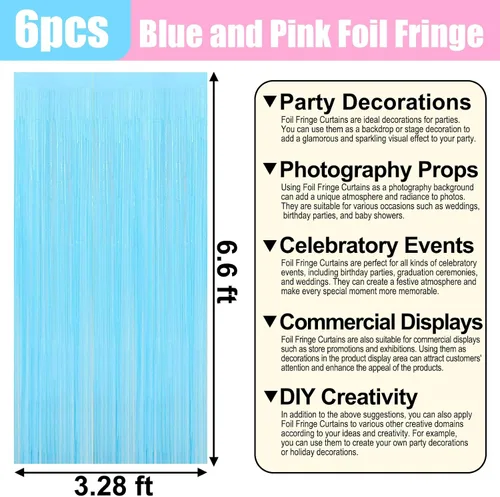 Vista 2 de Paquete de 6 cortinas de flecos de papel de aluminio rosa macarrón, 3.28 pies x 6.6 pies, cortinas metálicas de oropel para cabina de fotos