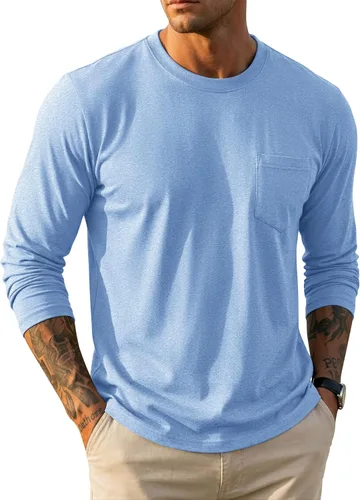 Vista 11 de MAGCOMSEN Camisa de manga larga para hombre con bolsillo, de algodón, cuello redondo, casual, ligera
