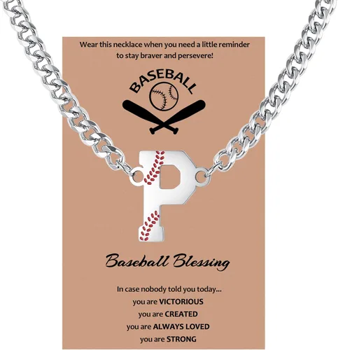 Vista 28 de QINJIEJIE Collar de béisbol inicial A-Z con letras, accesorios deportivos, colgante de encanto de béisbol, joyería de cadena de acero inoxidable 2-P
