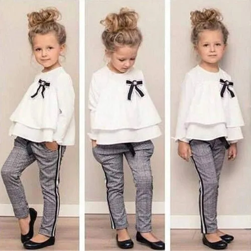 Vista 2 de Ropa de otoño para niñas de 2 a 6 años, blusa con volantes y pantalones de cuadrícula de estilo británico