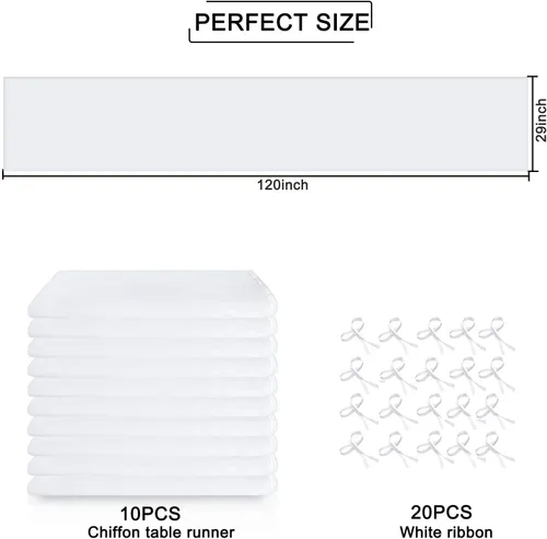 Vista 2 de Paquete de 10 caminos de mesa de boda de 10 pies de 29 x 120 pulgadas de gasa blanca para decoración romántica de despedida de soltera, fiesta