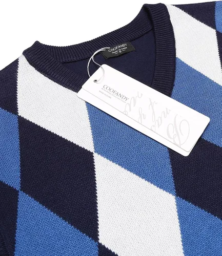Vista 3 de COOFANDY Suéter sin mangas con cuello en V para hombre, ajustado, informal, con rombos